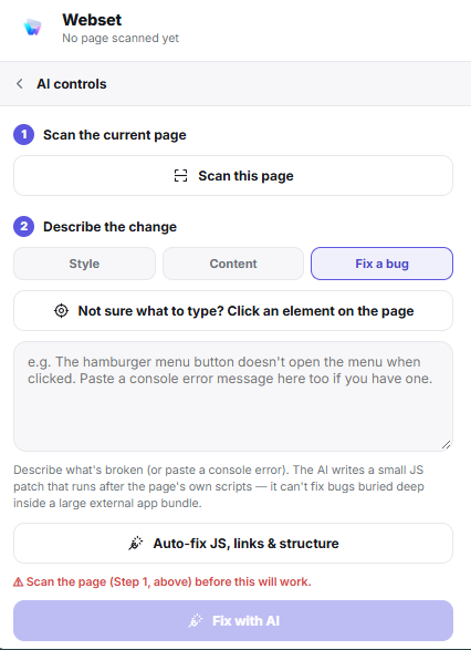 Webset AI control panel — scan a page and describe a change