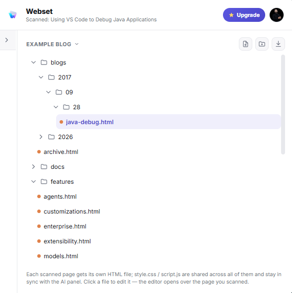 Webset project folder panel — every scanned page as its own file